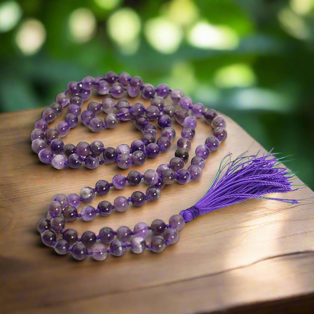 Natural Amethyst Mala Prayer 108 Beads Japa Mala Tassel Necklace