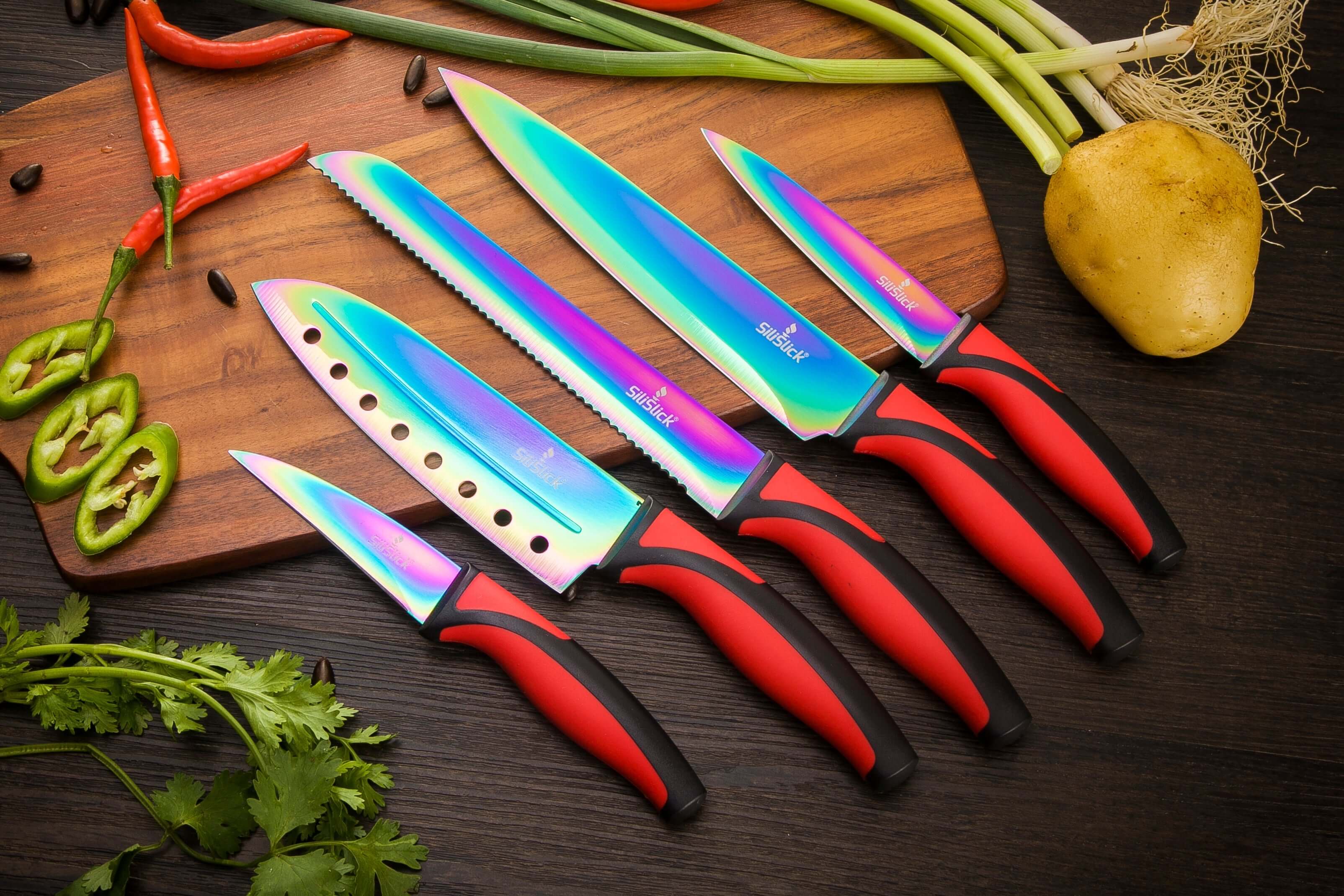 Kitchen Knife Set Kit | Red Handle & Black Magnetic Rack DC-SiliSlick®