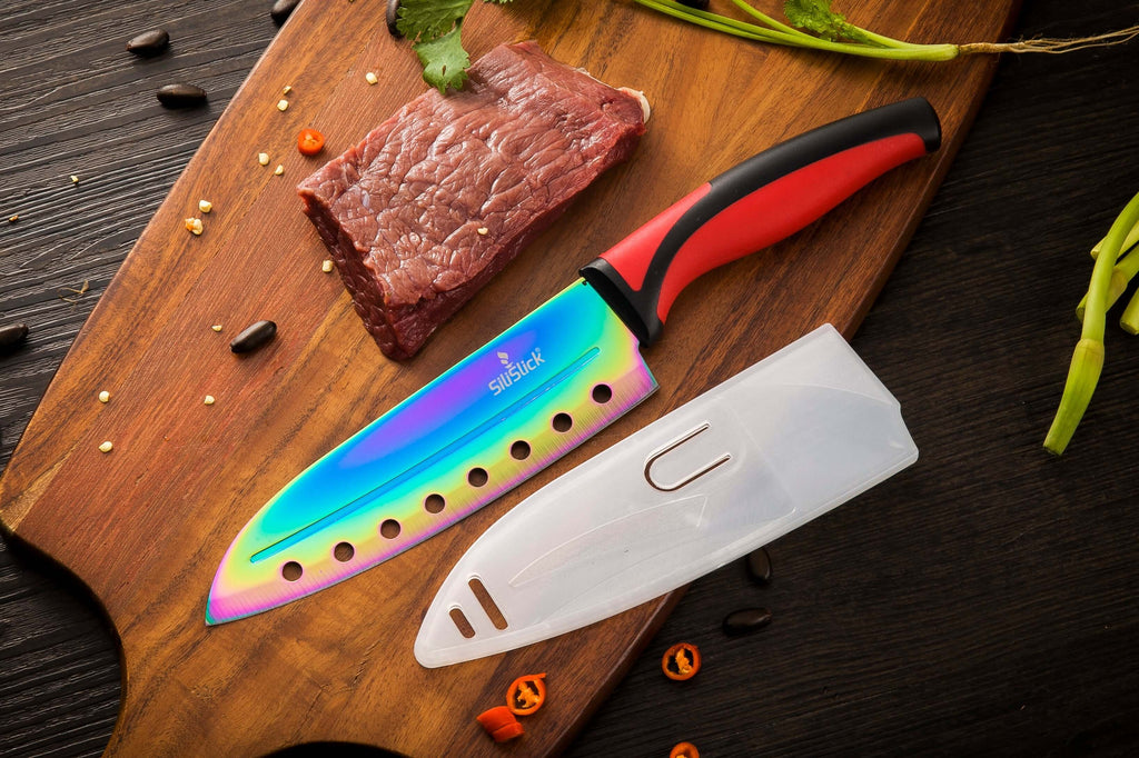 Kitchen Knife Set Kit | Red Handle & Black Magnetic Rack DC-SiliSlick®