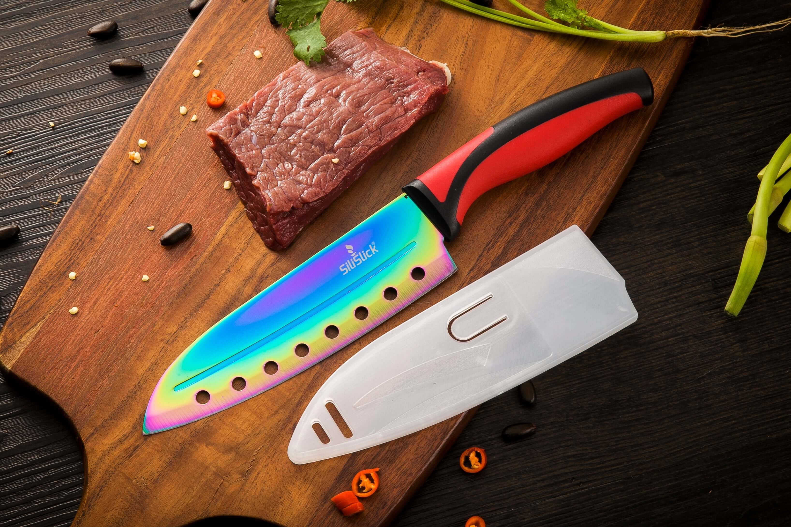 Kitchen Knife Set Kit | Red Handle & Black Magnetic Rack DC-SiliSlick®