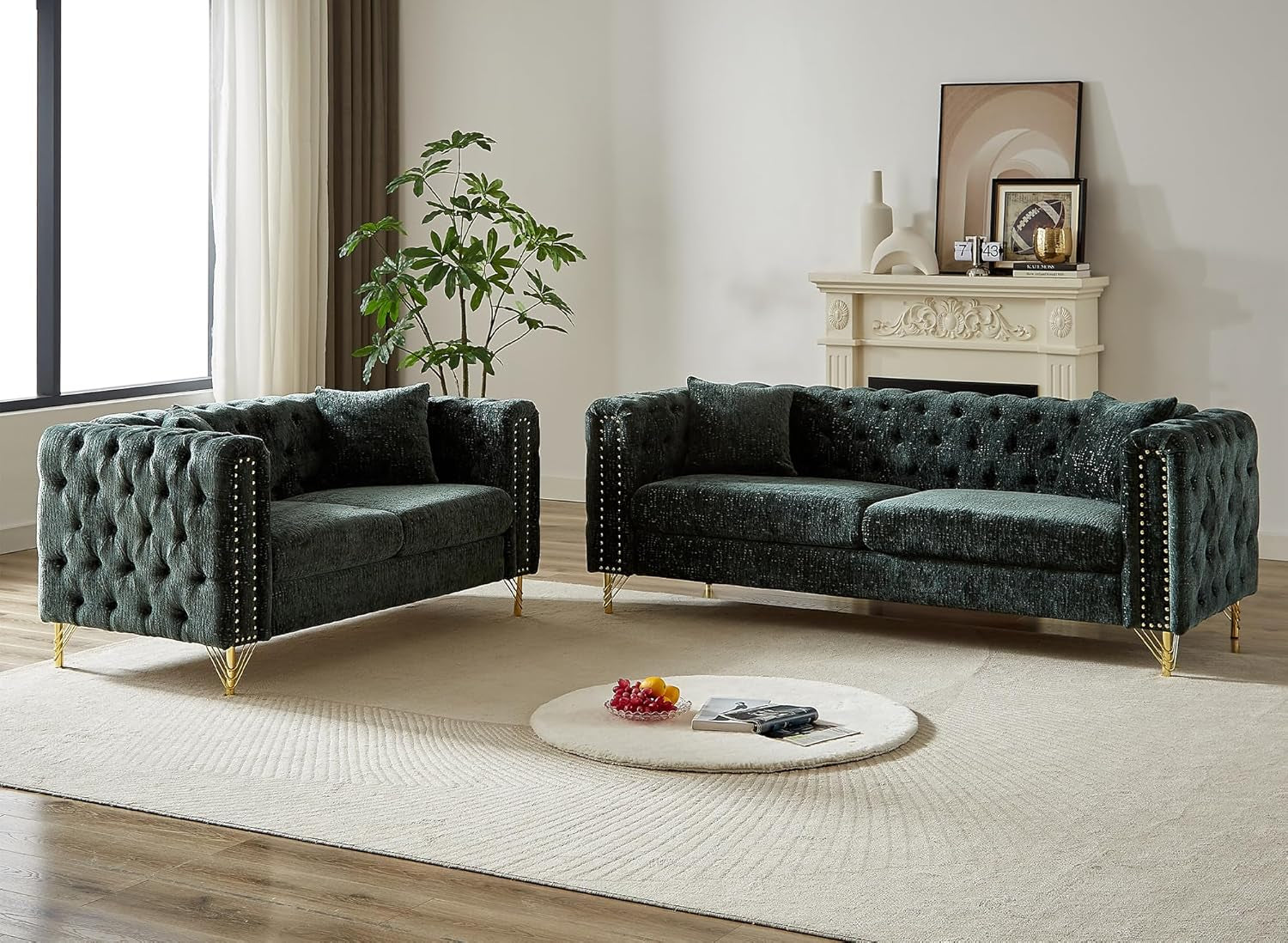 2 Pieces Chenille Living Room Furniture Sofa Couch Set,Button Tufted Comfy Couch with Nailhead Trim&Metal Legs,Mid Century Modern Couch and Loveseat Sets for Living Room(Loveseat+3 Seater Sofa,Green)