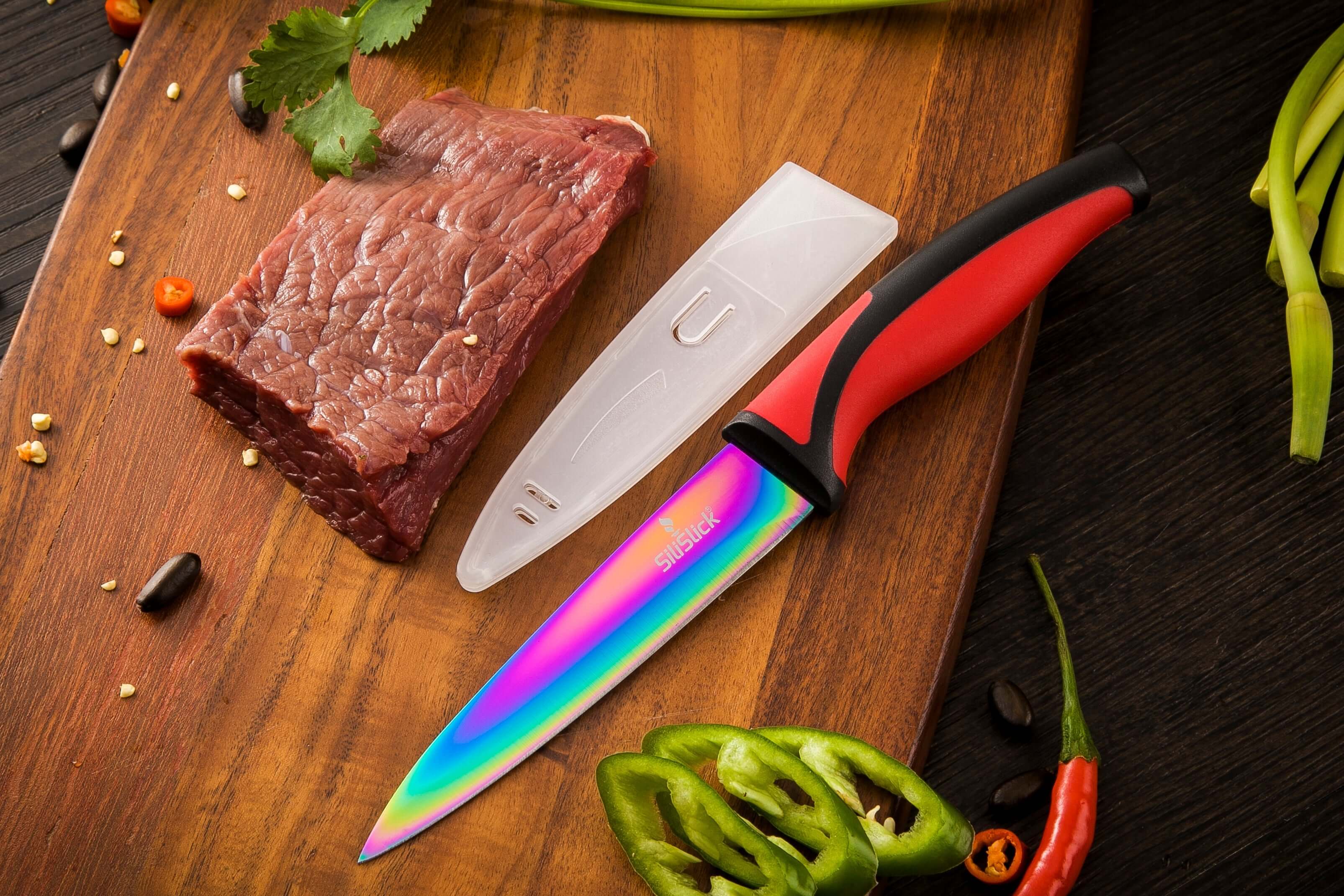 Kitchen Knife Set Kit | Red Handle & Black Magnetic Rack DC-SiliSlick®