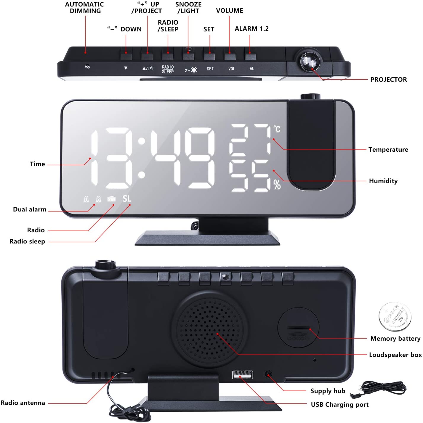 LED Projection Digital Alarm Clock Phone Charger DC-THE CEO
