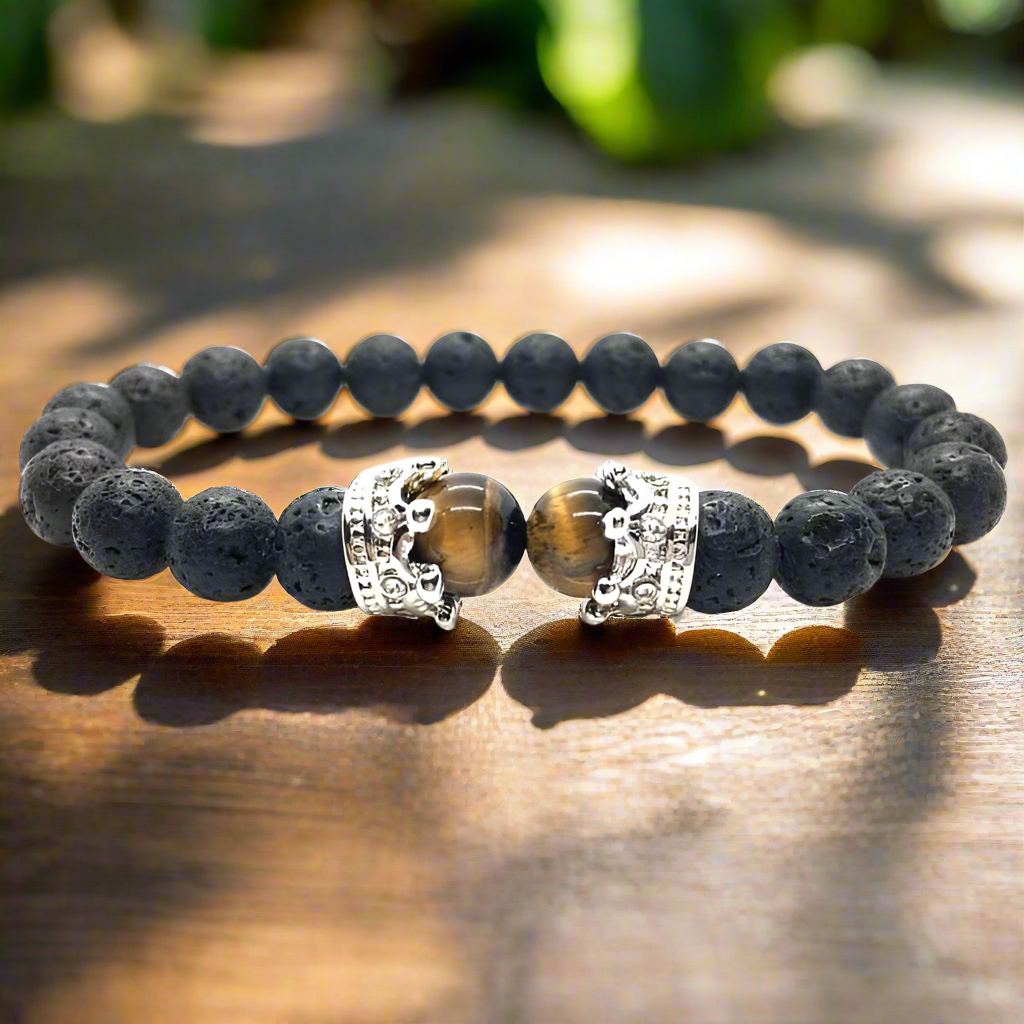Crowned Eye of Tiger and Lava Stone Braided Bracelet