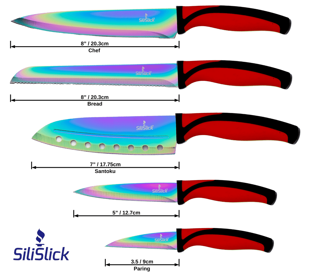 Kitchen Knife Set Kit | Red Handle & Black Magnetic Rack DC-SiliSlick®