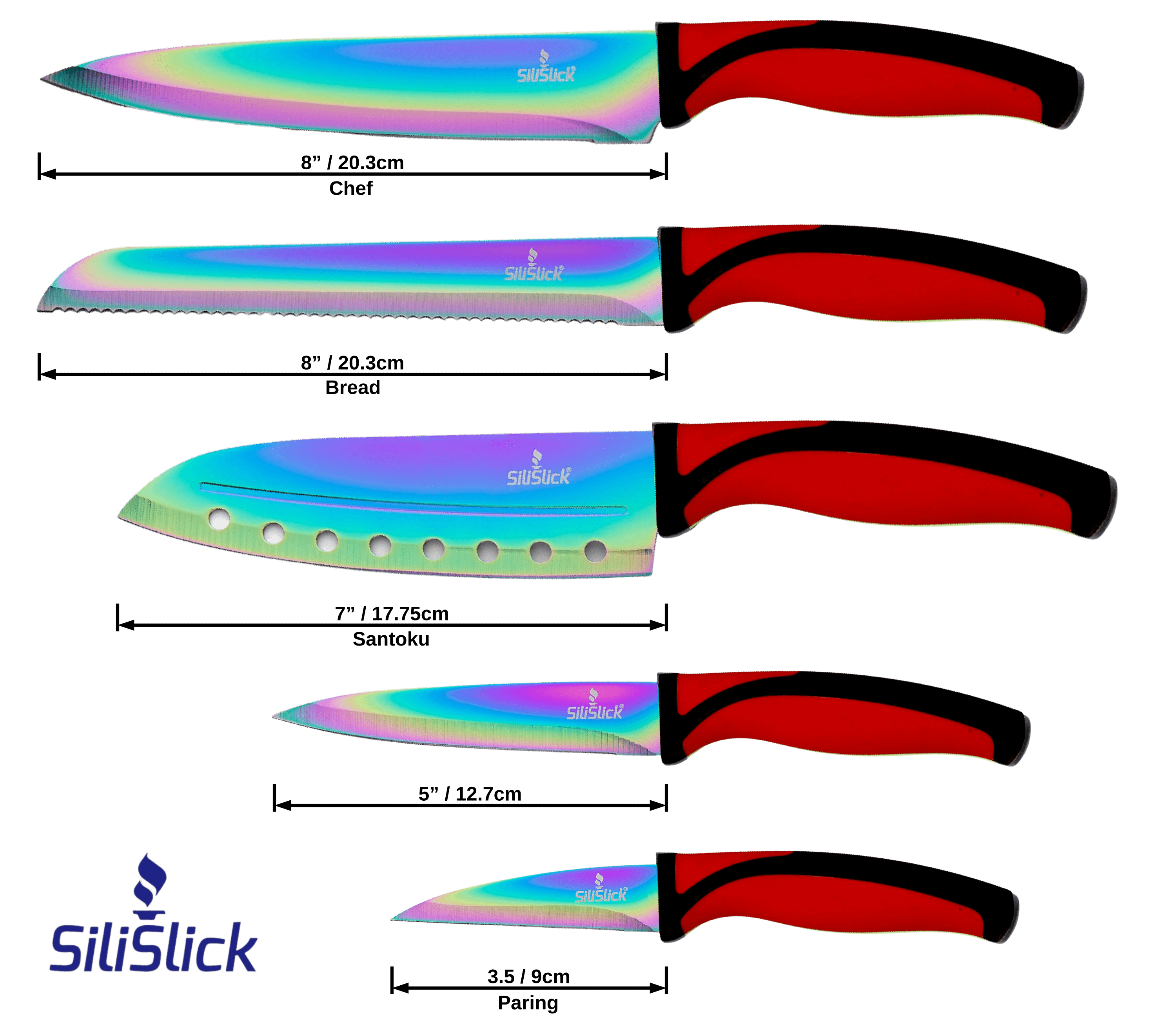 Kitchen Knife Set Kit | Red Handle & Black Magnetic Rack DC-SiliSlick®
