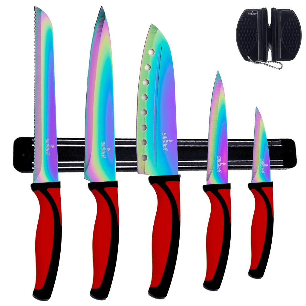 Kitchen Knife Set Kit | Red Handle & Black Magnetic Rack DC-SiliSlick®