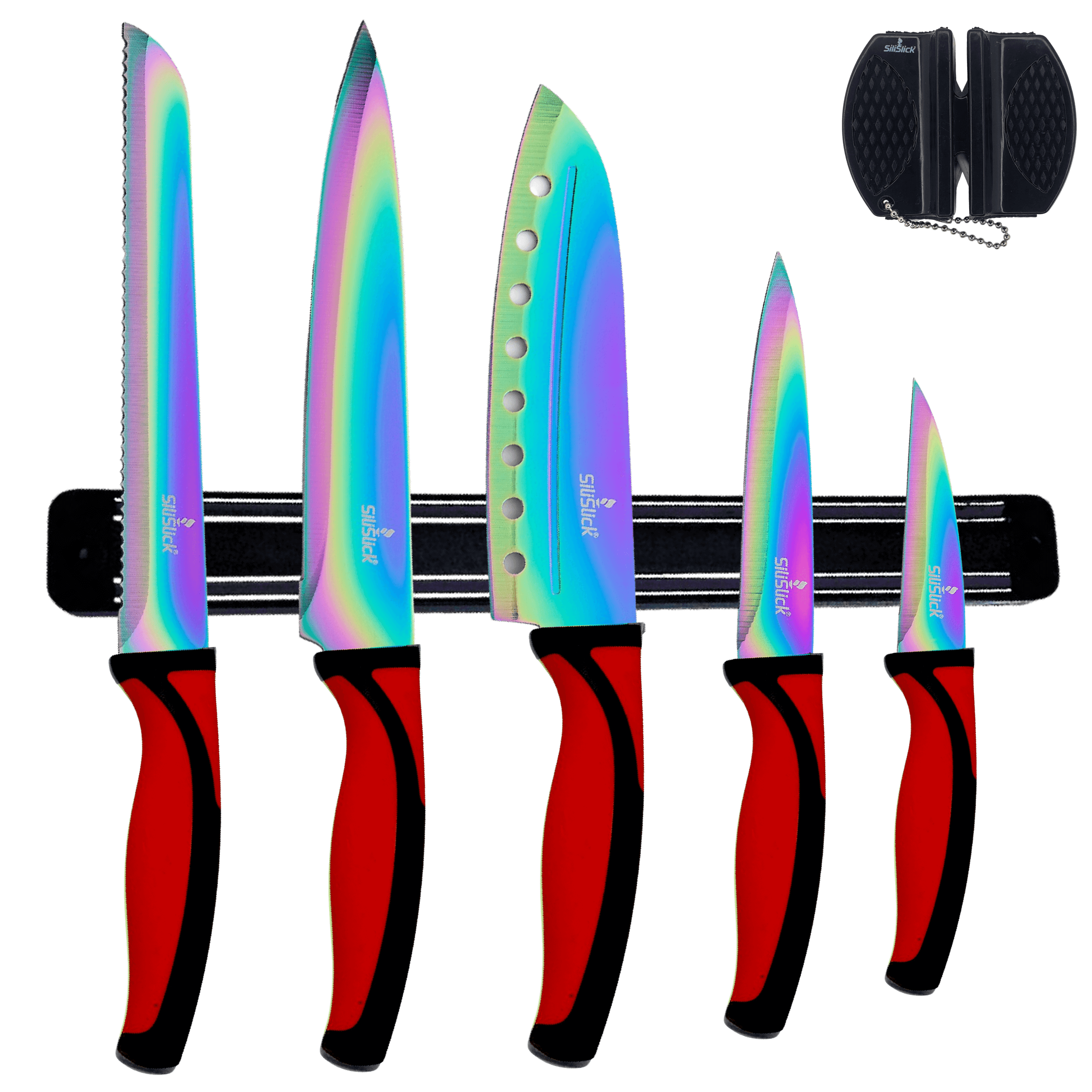Kitchen Knife Set Kit | Red Handle & Black Magnetic Rack DC-SiliSlick®