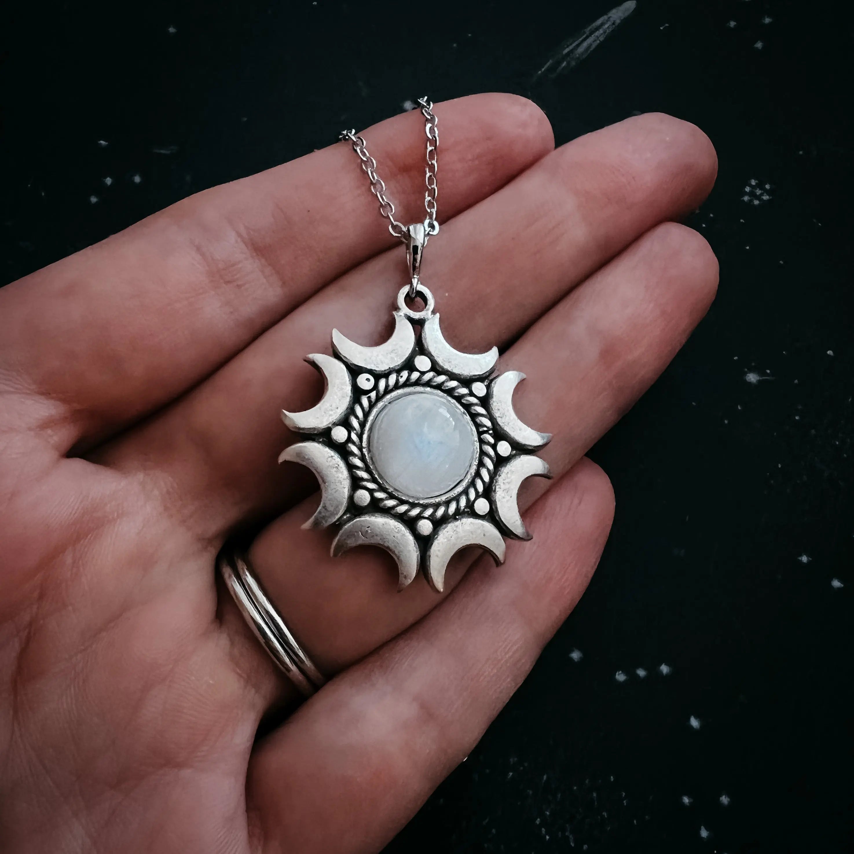 Lunar Witch Necklace - Rainbow Moonstone Pendant DC-Yugen Handmade