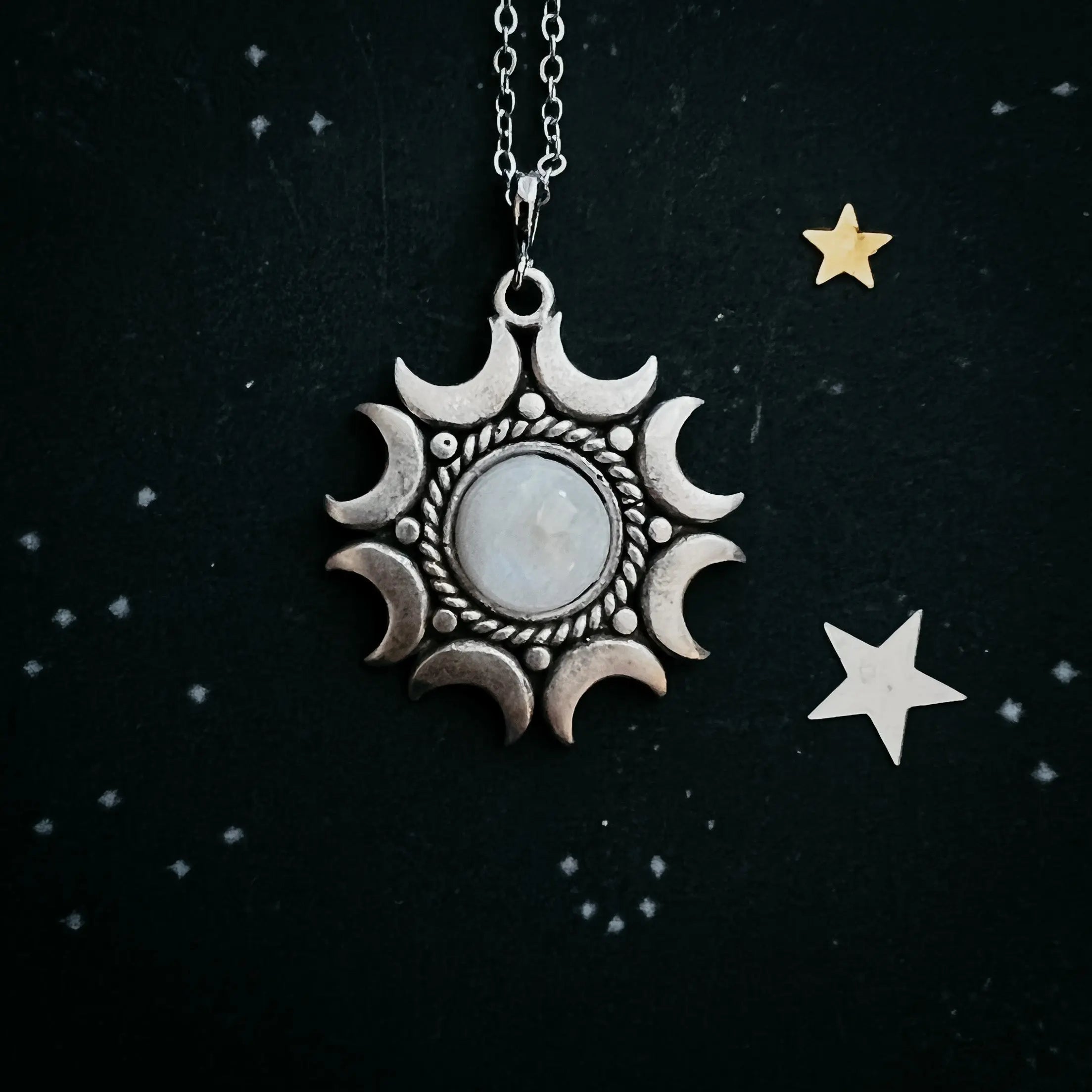 Lunar Witch Necklace - Rainbow Moonstone Pendant DC-Yugen Handmade